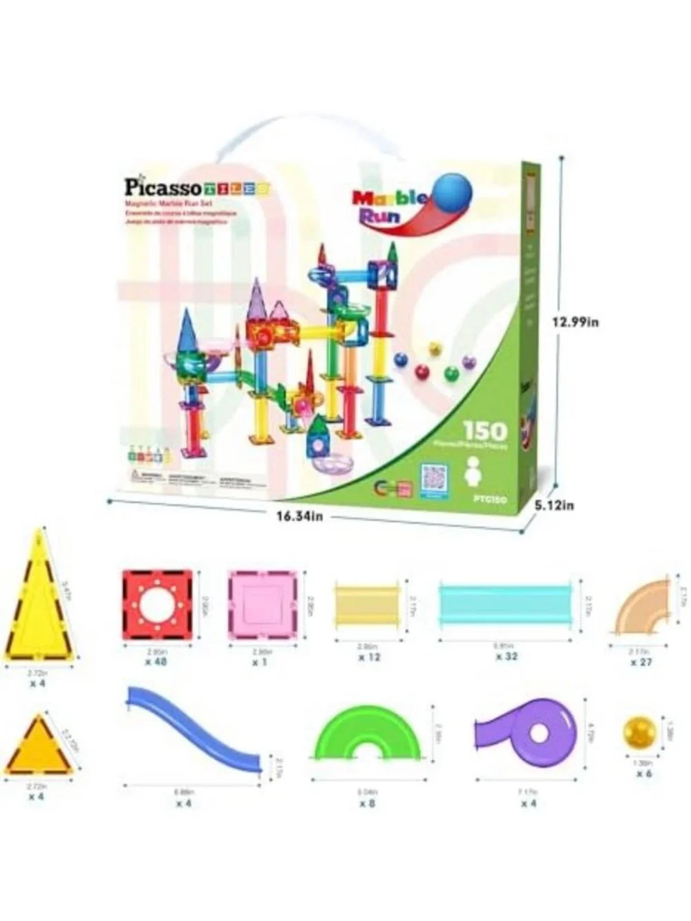 Magnetic Marble Run Track Set - 150pc STEM Building Toy with Slides & Ramps for